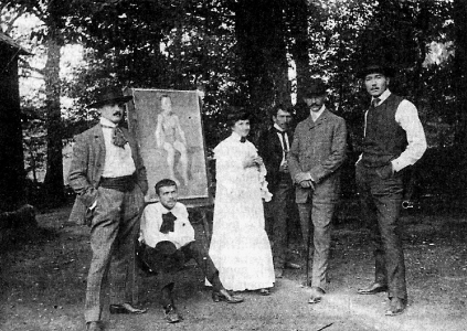 Csoportkép Nagybányán. 1905 körül (Balról jobbra: Boromisza Tibor, Jakab Zoltán (?), Perlrott Csaba Vilmos, Börtsök Samu, Réthy Károly)