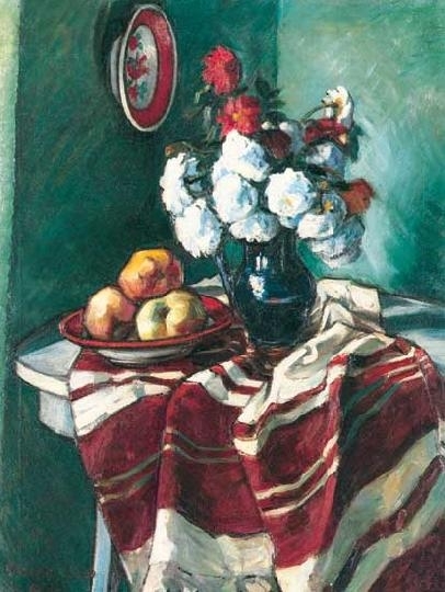 Kádár Géza (1878-1952) Still life with flowers and apples, 1926