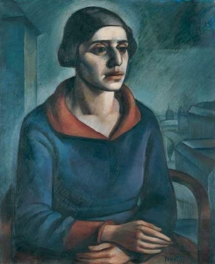 Kmetty János (1889-1975) Ülő nő fotelben, háttérben kék várossal, 1920 körül