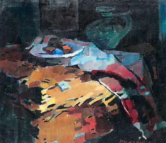 Nagy Oszkár (1883-1965) Still life with mulitcoloured hangings, 1938