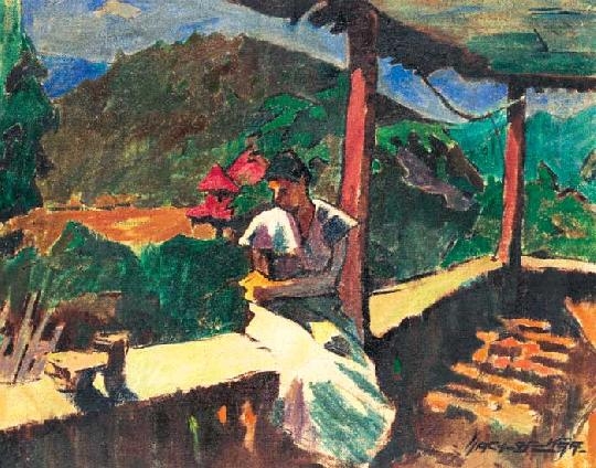Nagy Oszkár (1883-1965) Woman pontemplating on a sunny veranda