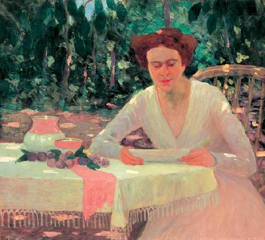 Bánsági Vince (1881-1960) Lady reading under the tree