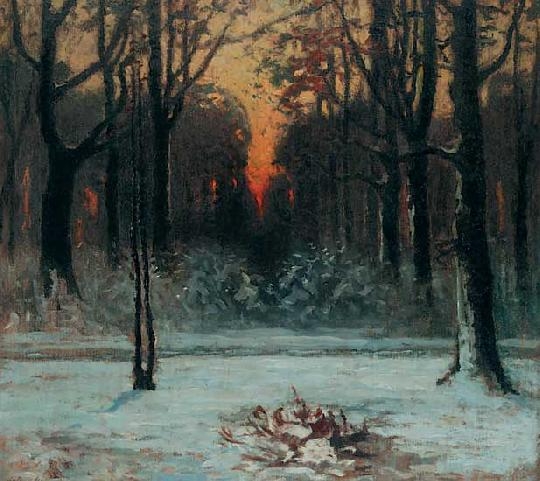 Balla Béla (1882-1965) Wintery sunset in the forest