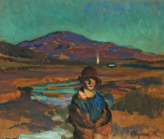 Thorma János (1870-1937) Woman with a hat on the bank of the Zazar, 1920s