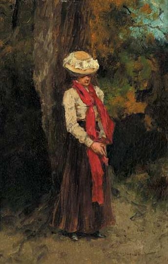 Neogrády Antal (1861-1942) Kalapos hölgy az erdőszélen