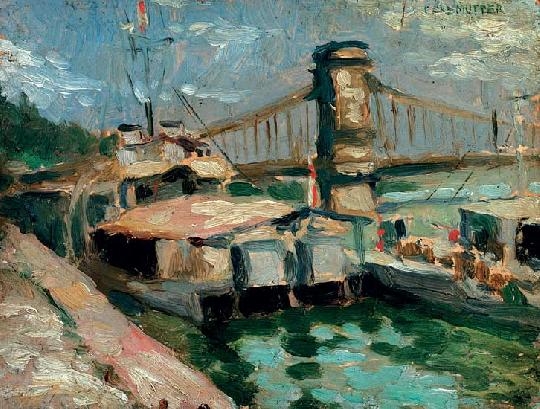 Perlmutter Izsák (1866-1932) Ships on the Danube at the pillar of the Chain Bridge