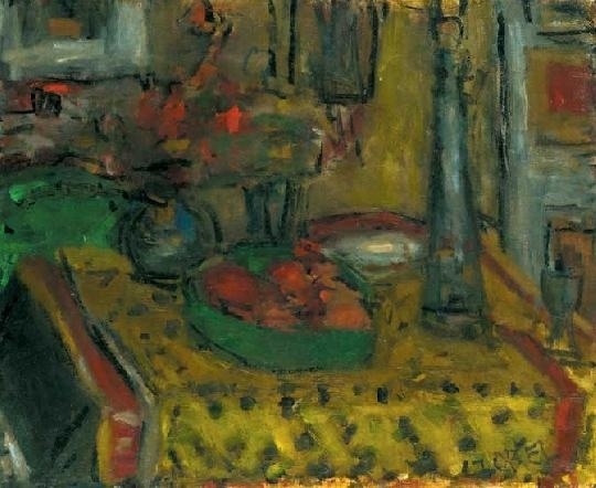 Czóbel Béla (1883-1976) Asztali csendélet sárga terítővel, 1962