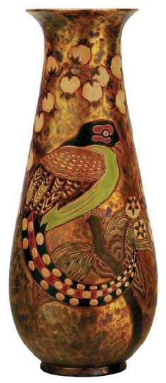 Zsolnay Vase with bird of paradise and with foxglove, Zsolnay, around 1905