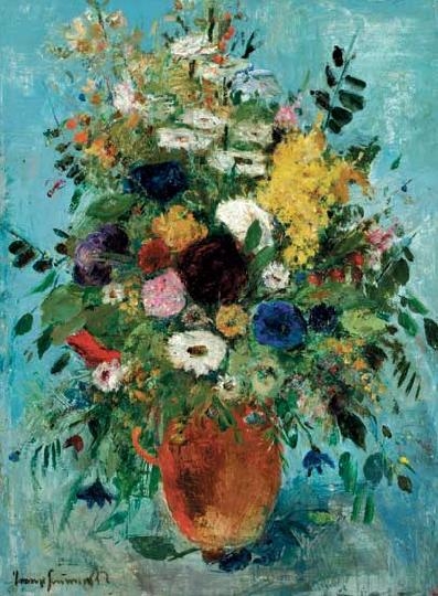 Iványi Grünwald Béla (1867-1940) Still life with flowers against blue background