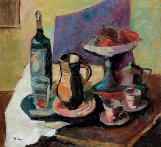 Gráber Margit (1896-1993) Still life with wine-bottle