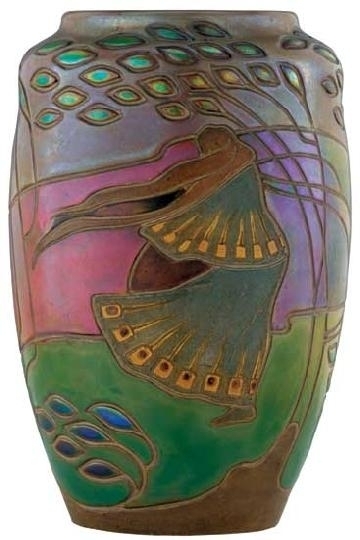 Zsolnay Vase with the panoramic view of women standing in storm, Zsolnay, 1904