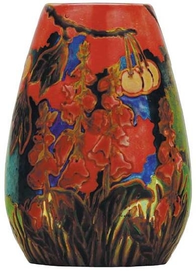 Zsolnay Vase with foxglove and cherry-tree, Zsolnay, designed by Géza Nikelszky