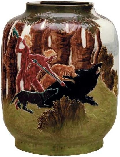Zsolnay Vase with young warriors walking in the forest, around 1900