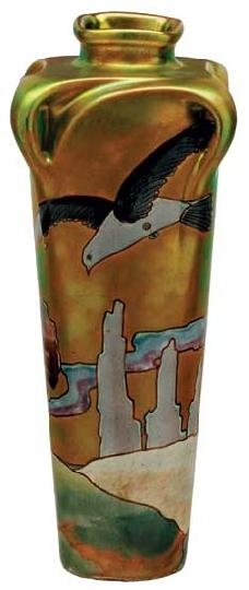 Zsolnay Vase with the panoramic view of an eagle flying above the trees, so called Nabis-vase, Zsolnay, 1900