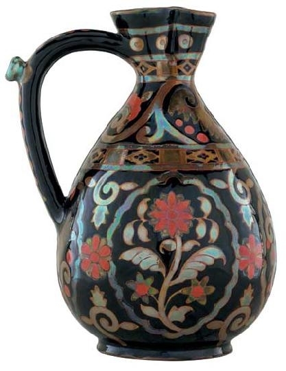 Zsolnay Jug with stylized flower and bird motifs, Zsolnay, around 1900