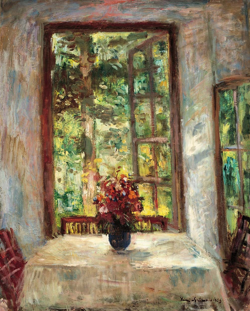 Iványi Grünwald Béla (1867-1940) Nyári reggel (Napsütötte veranda kerti csokorral, Balatonlelle), 1933