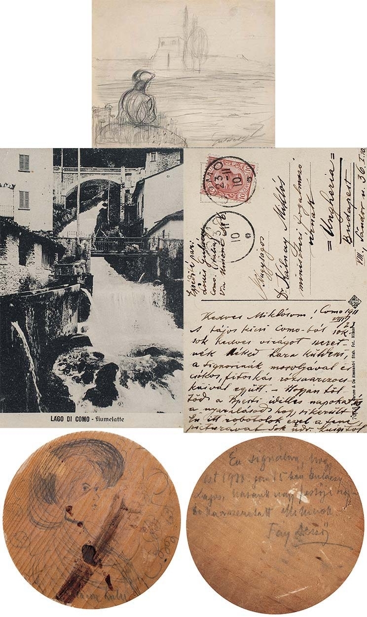 Gulácsy Lajos (1882-1932) Alak itáliai tájban; Hölgy kalapban; Képeslap Gulácsy Lajos írásával