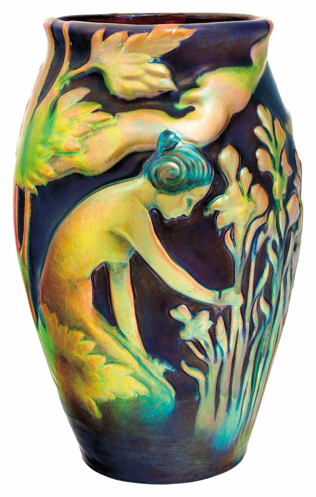 Zsolnay Vase with relief, female figure dibbling, Zsolnay, 1899