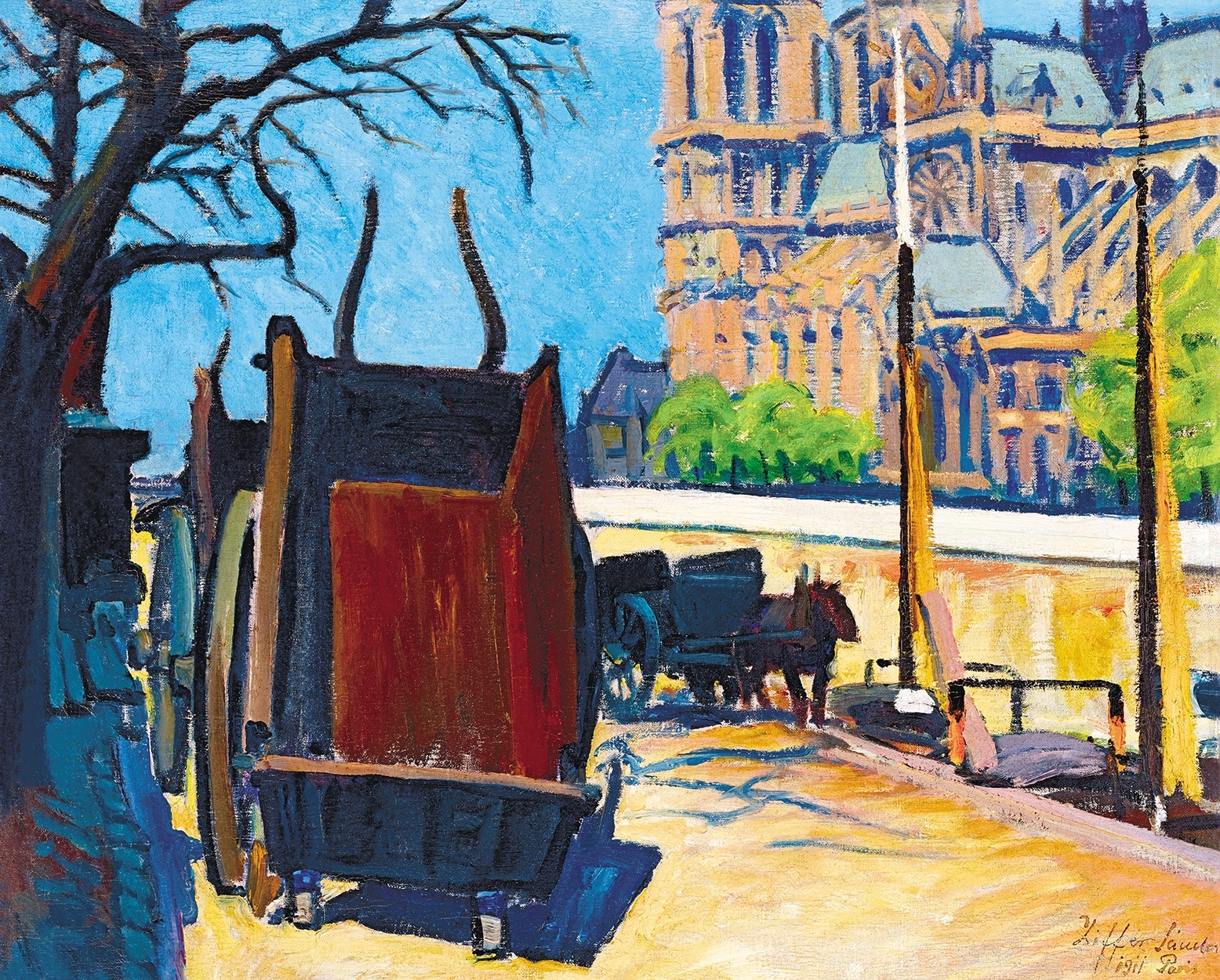 Ziffer Sándor (1880-1962) Lovaskocsik a Szajna-parton (Port de Montebello háttérben a Notre Dame), 1911