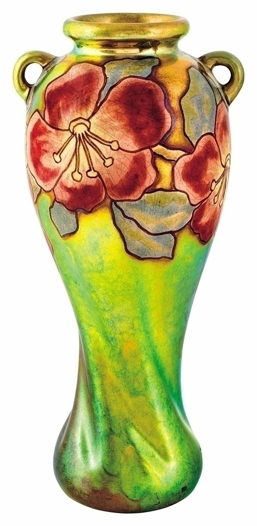 Zsolnay "Csavart” váza, fülekkel, mályvavirágos díszítéssel, a Venetian-sorozatból, Zsolnay, 1902