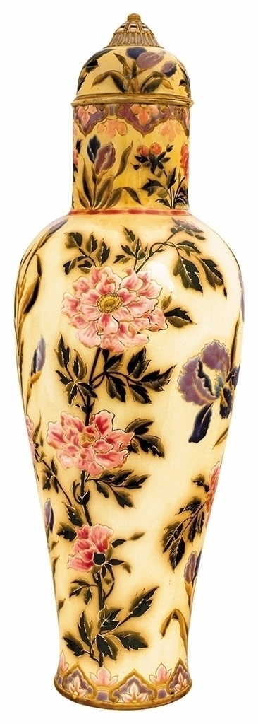 Zsolnay Floor vase with rosetted cap and Iris and Peonies decor, Zsolnay, c. 1890