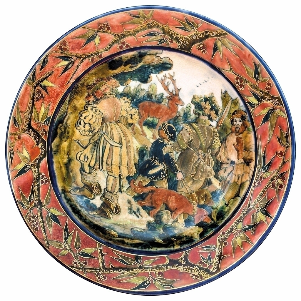 Zsolnay Wall-plate pair with hunting scene decor, Zsolnay, 1882