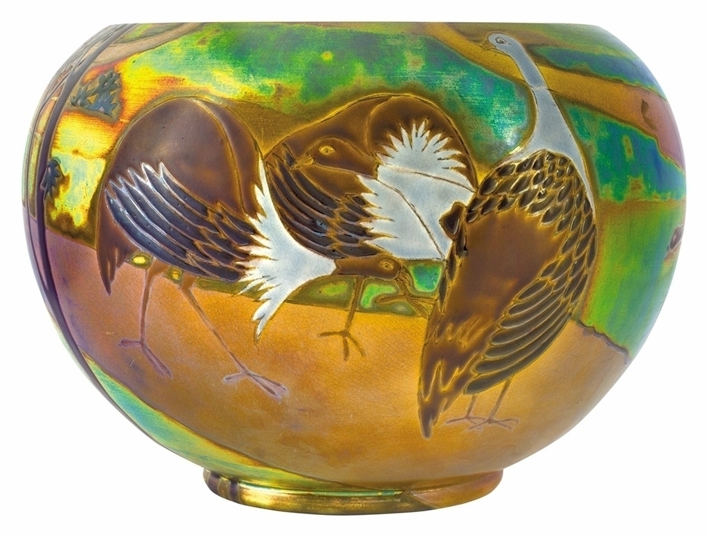Zsolnay Plant-holder with a panorama of birds, Zsolnay, 1906