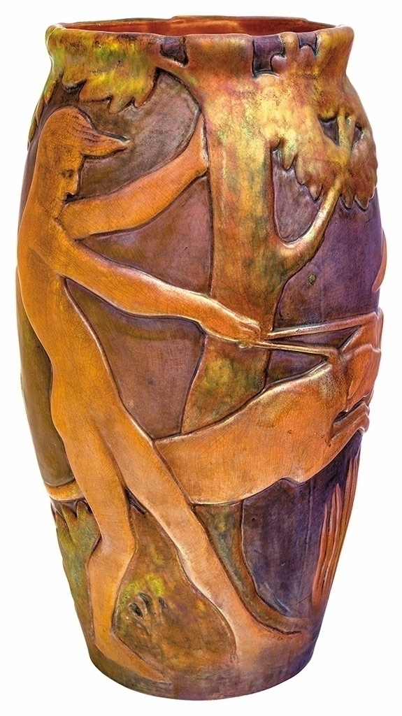 Zsolnay Vase with symbolic hunter scene, factory showpiece, Zsolnay, 1899