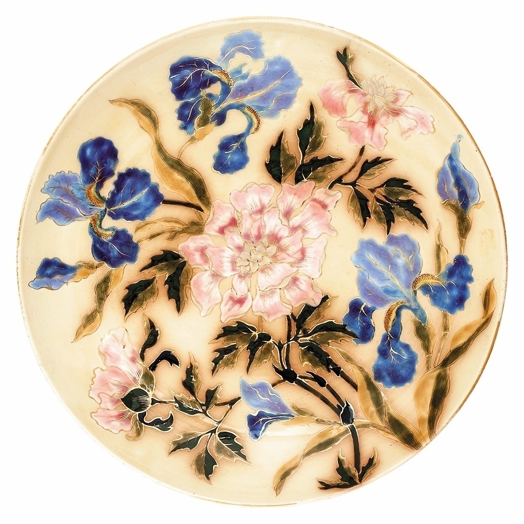 Zsolnay Wall-plate with Iris and Peony decor, Zsolnay, c. 1890