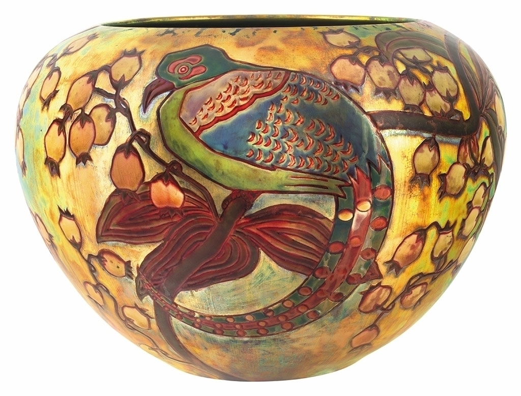Zsolnay Plant-holder with bird-of Paradise panorama, Zsolnay, 1902