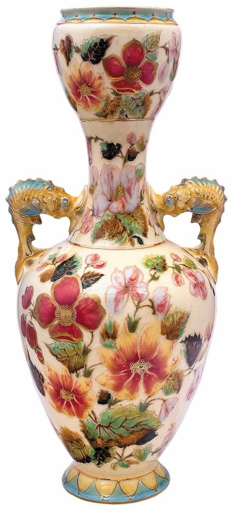 Zsolnay Historic style vase with fish formed handles, Zsolnay, c. 1890