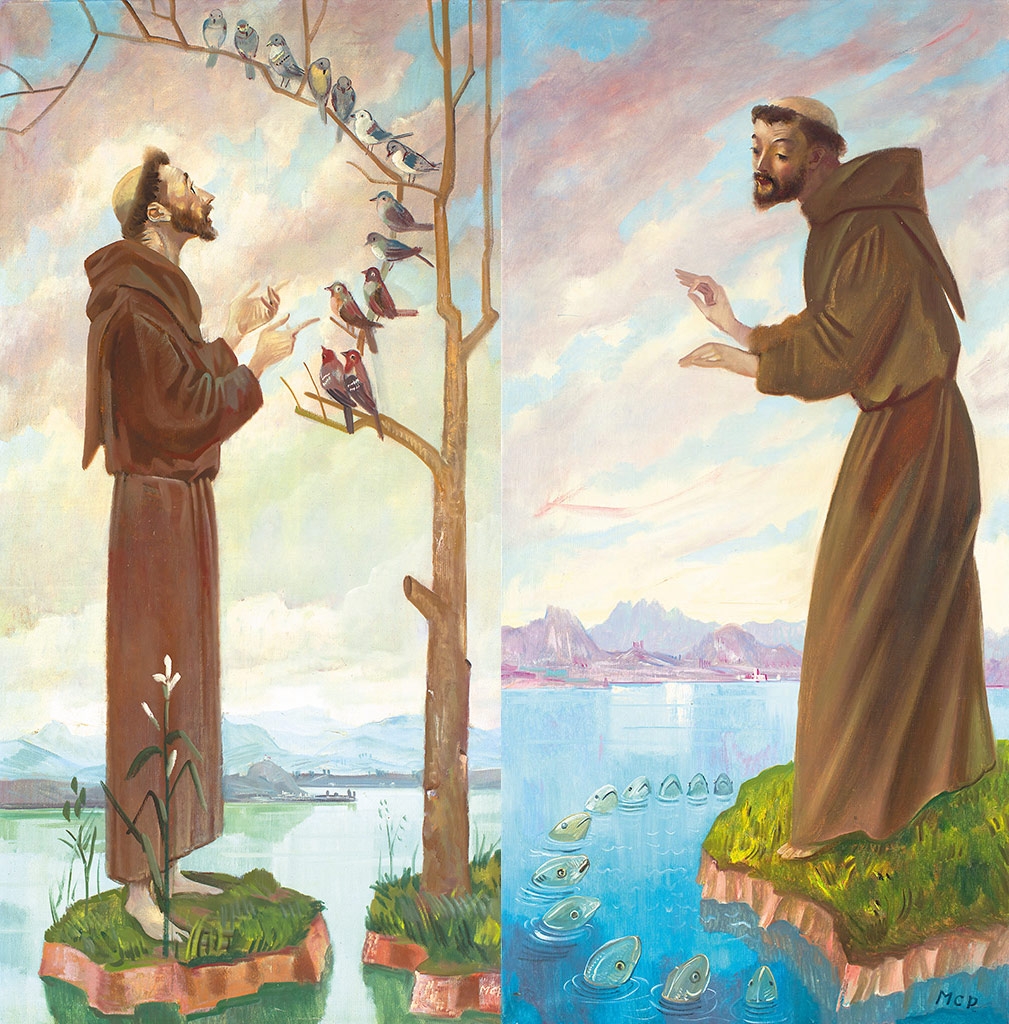 Molnár C. Pál (1894-1981) Saint Francis preaching to the birds; Saint Anthony preaching to the fishes