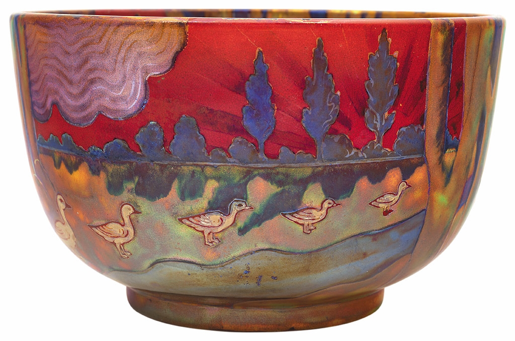 Zsolnay Bowl with view of geese in a forest, Zsolnay, 1899 Adaptation of Otto Eckmann's design