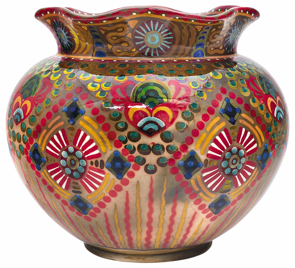 Zsolnay Plant-holder with wavy edges  and Hungarian art deco motifs, Zsolnay, c. 1908