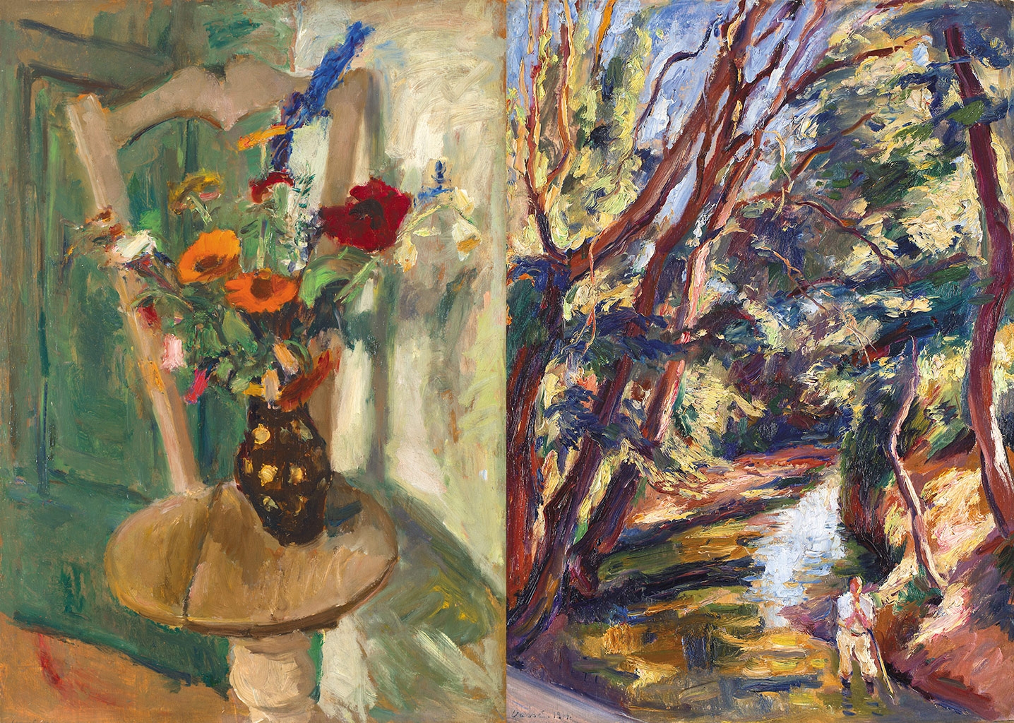 Vass Elemér (1887-1957) Virágcsendélet széken, 1935; Hátoldalon: Tavaszi séta, 1934