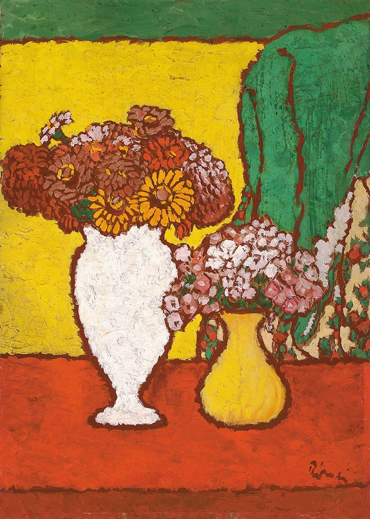 Rippl-Rónai József (1861-1927) Cyniák fehér vázában (Virágok fehér és sárga vázában; Virágcsendélet vázában), 1910 körül