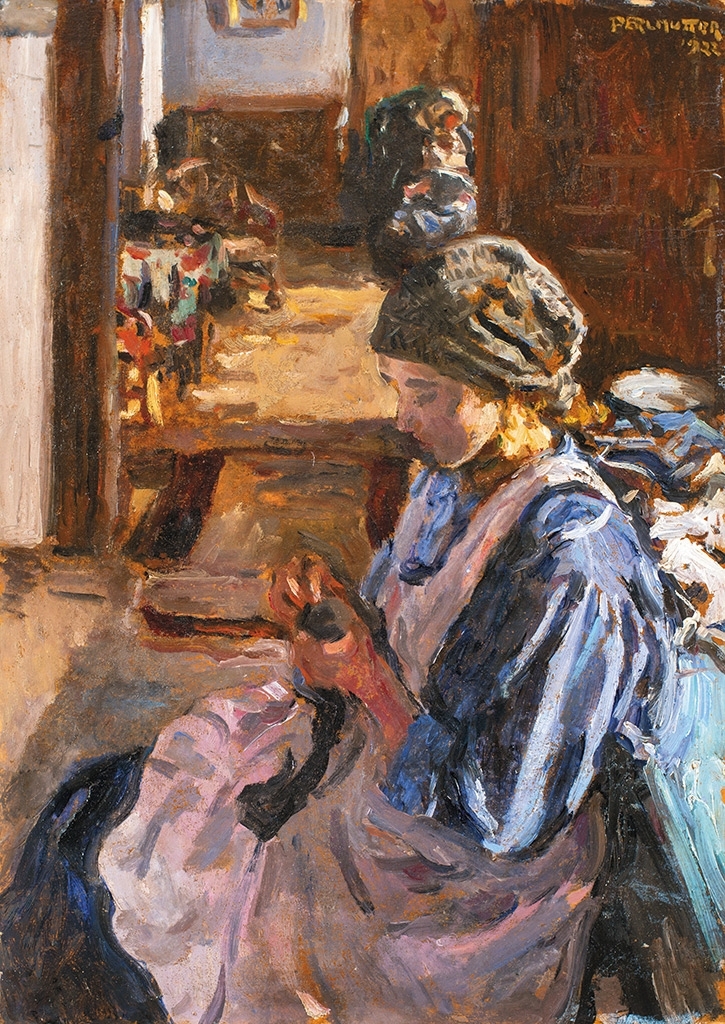 Perlmutter Izsák (1866-1932) Embroidering girl, 1922