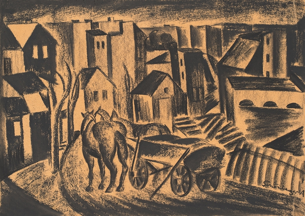 Schönberger Armand (1885-1974) Lovaskocsi a város szélén