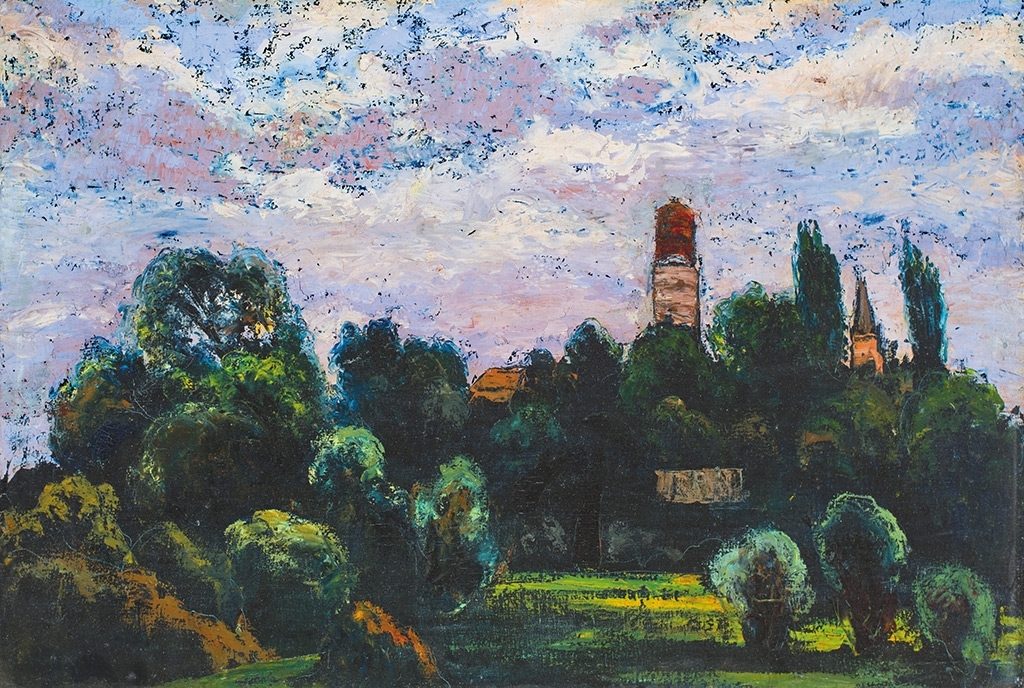 Orbán Dezső (1884-1987) Baia Mare field with the Protestant Church (Church Sunday morning), c. 1924