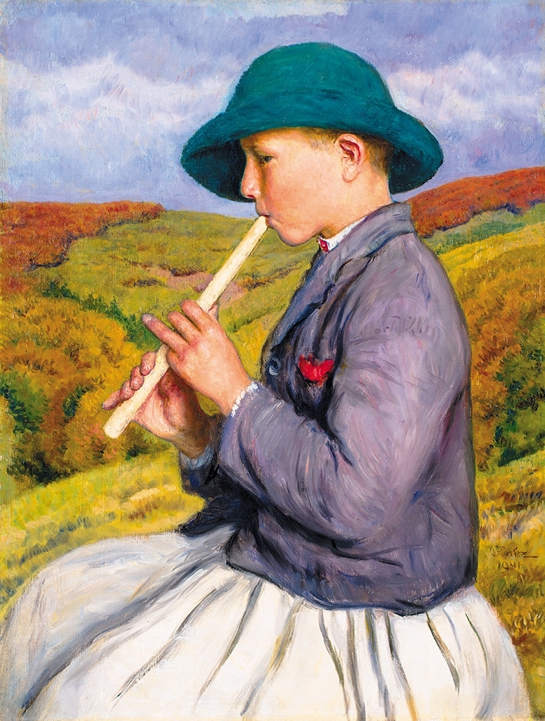 Glatz Oszkár (1872-1958) Little boy playing the Flute, 1941