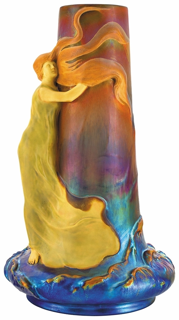 Zsolnay Vase with Figure of a Woman Standing in the Storm, 1900