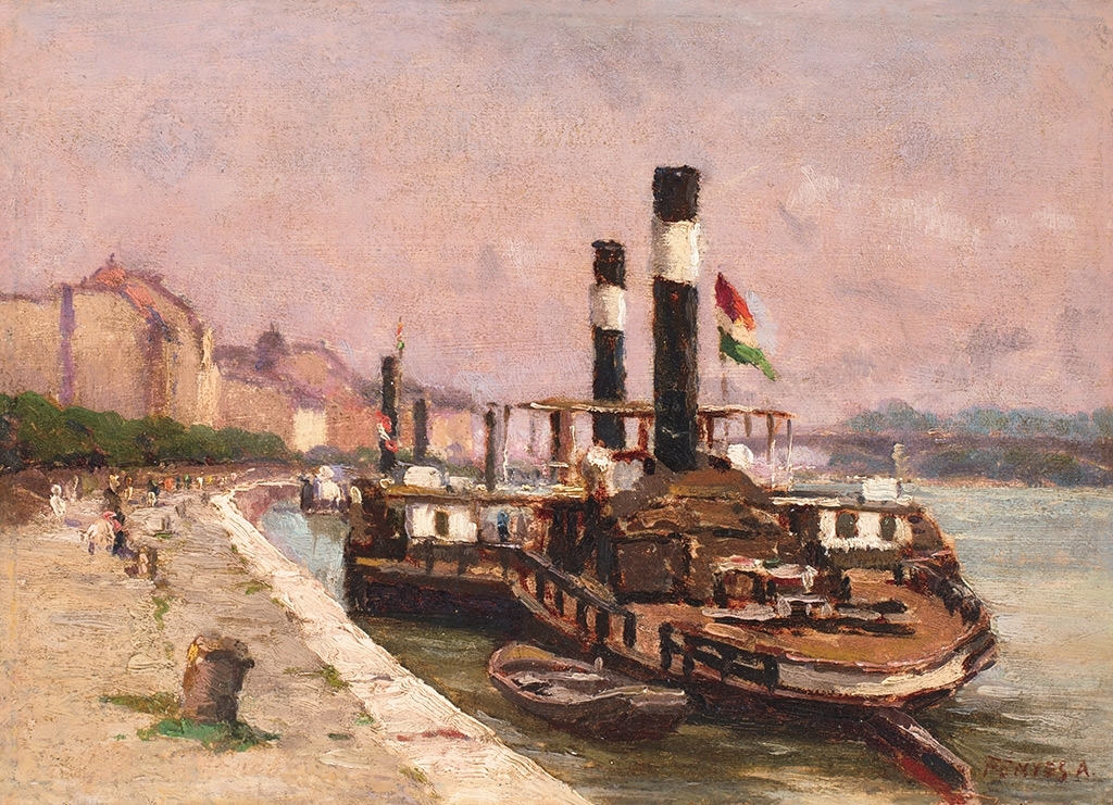 Fényes Adolf (1867-1945) Dockside with a Steamboat