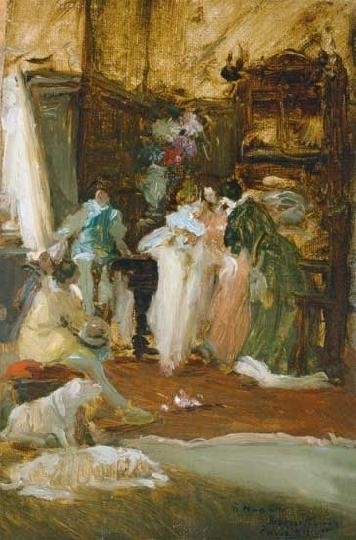 Munkácsy Mihály (1844-1900) Rokokó társaság, 1891 (Párizsi interieur, Szalonkép tanulmány)