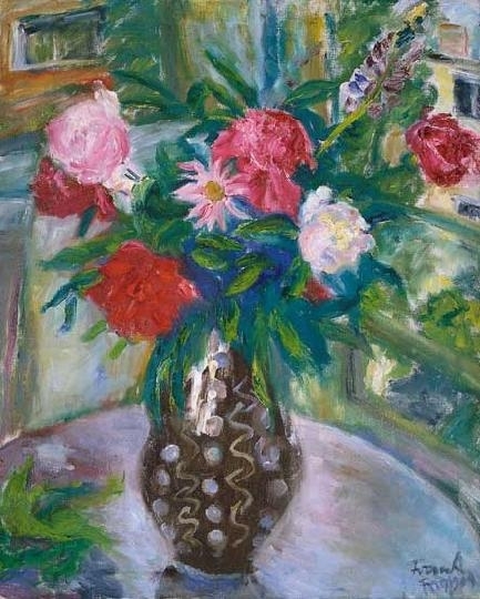 Frank Frigyes (1890-1976) Pünkösdirózsák pettyes vázában