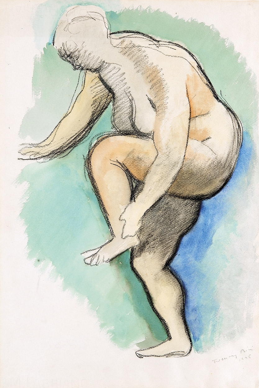 Ferenczy Béni (1890-1967) Female Nude with Blue Background, 1945; On the reverse: Forest walkway (aquarelle)