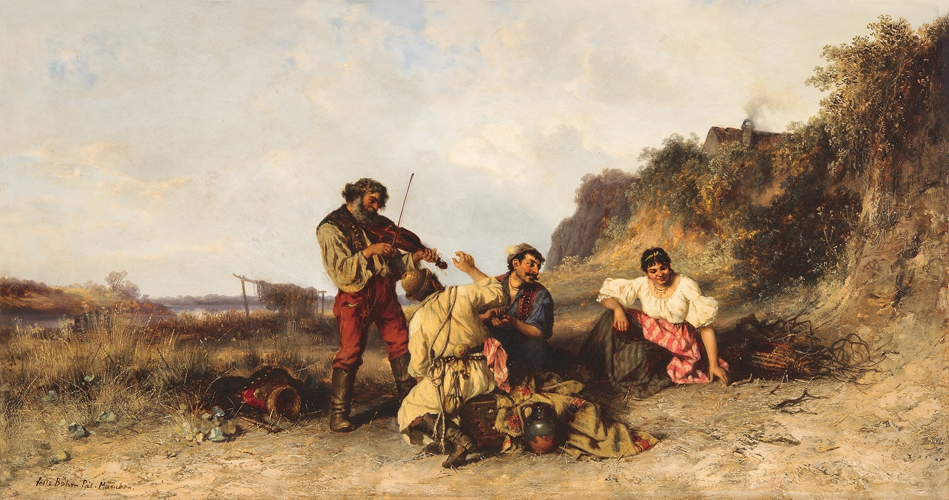 Böhm Pál (1839-1905) Musician Playing on the Great Hungarian Plains