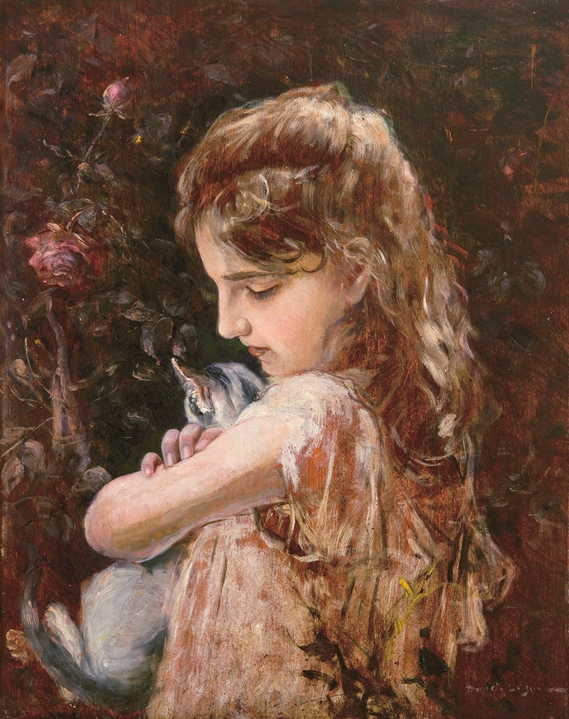 Bruck Lajos (1846-1910) Kislány cicával, 1900 körül