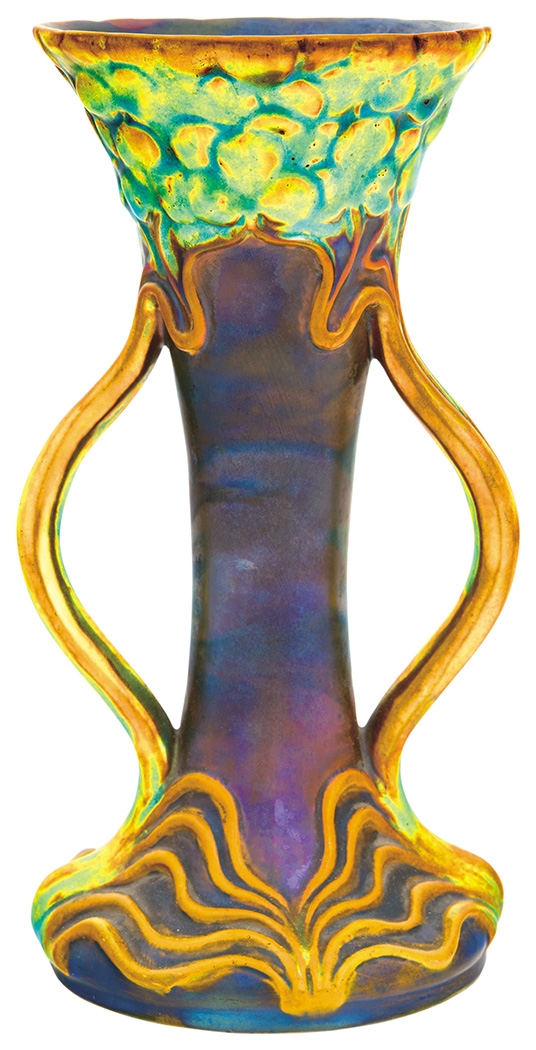 Zsolnay Chalice Vase with Two Handles and stylized Fruit-trees, Zsolnay, 1899