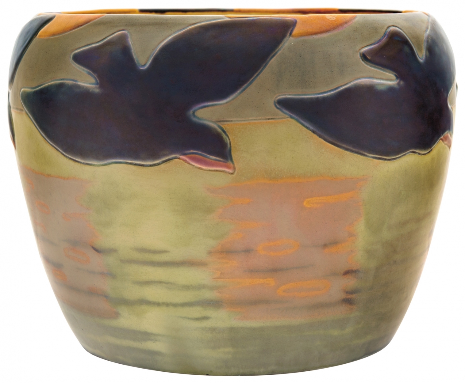 Zsolnay Vase with Panorama of Birds Flying above Waters, Zsolnay, around 1905