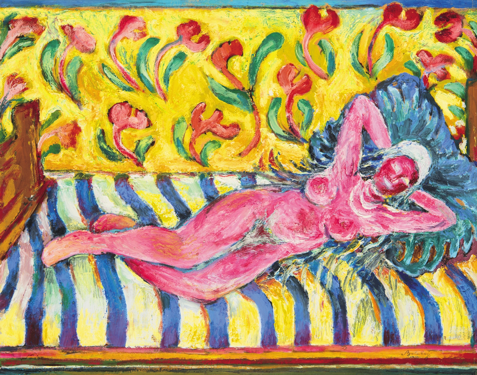 Bolmányi Ferenc (1904-1990) Red Nude lying on a Striped Sofa, 1952